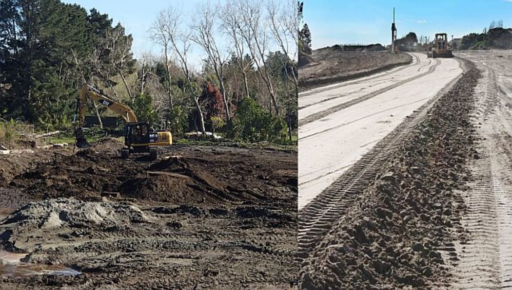 Two heavy earth-moving machines that are equipped with GNSS (white orbs sticking out above the body of the machine).