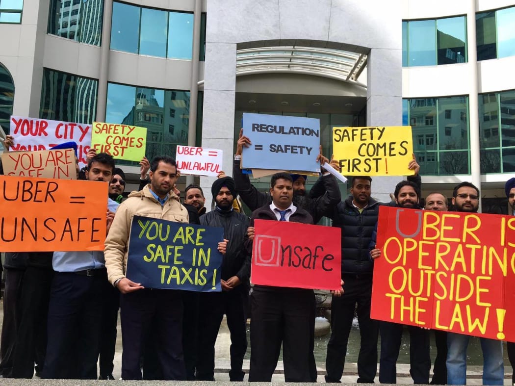 Taxi drivers in Wellington protest against Uber as part of a national day of action.