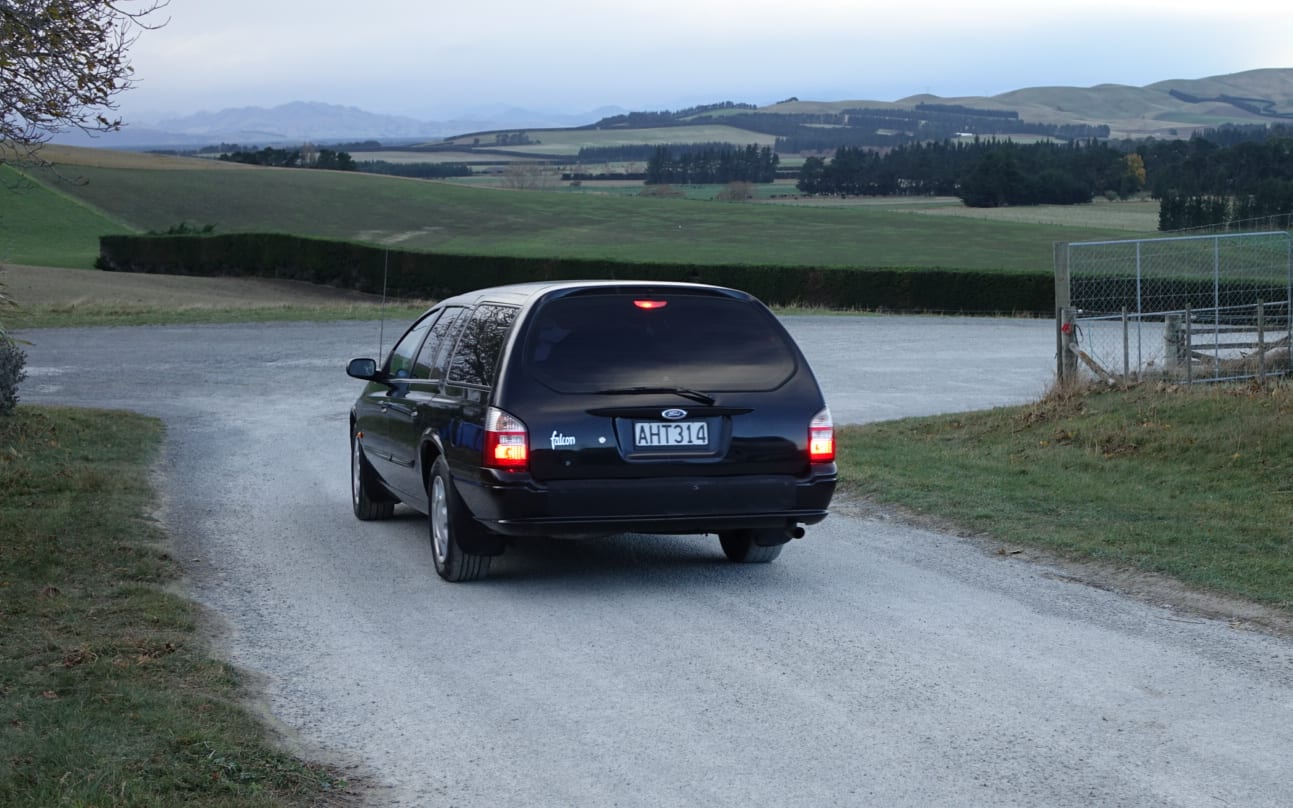 A hearse leaves the Heathstock Haulage lime quarry near Waikari on Wednesday 10 June.