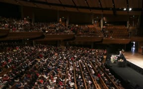 The public farewell of Helen Kelly took place at the Michael Fowler Centre in Wellington. Hundreds of people fill the venue.