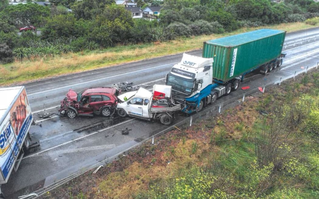 The aftermath of the Hawke's Bay Expressway crash that killed Caleb Baker, 22.