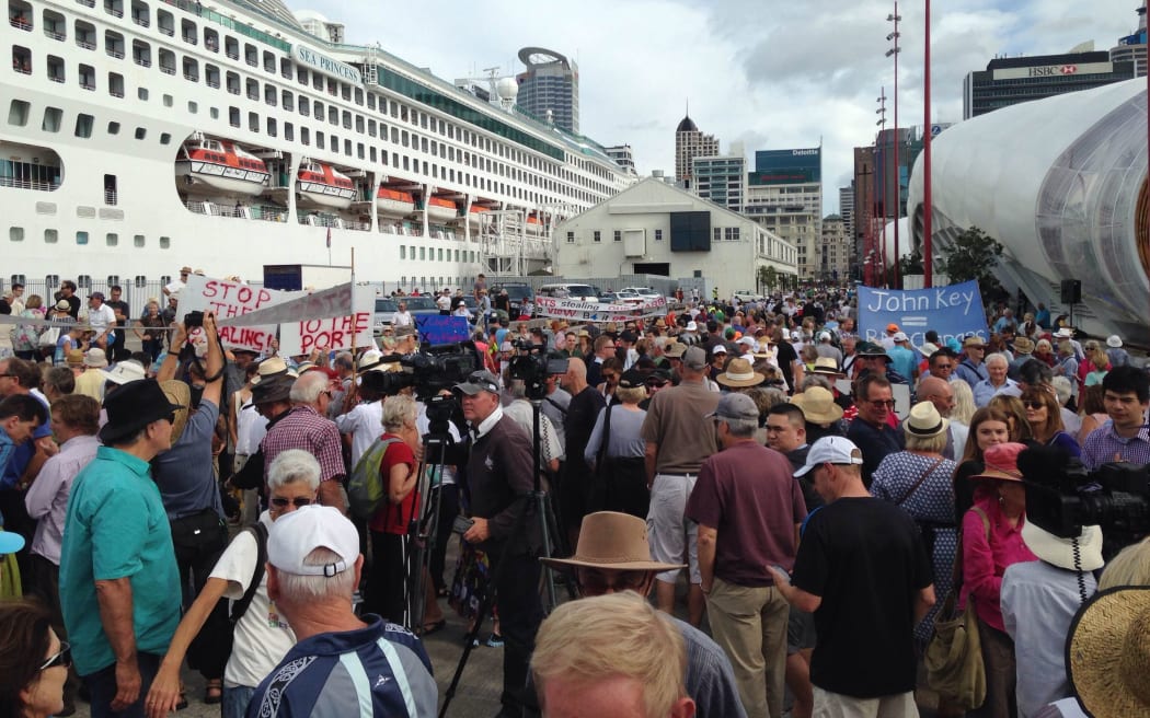 Protesters on Queen's Wharf.