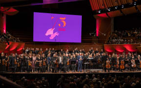 NZSO whānau on stage at the 75th Jubilee Concert