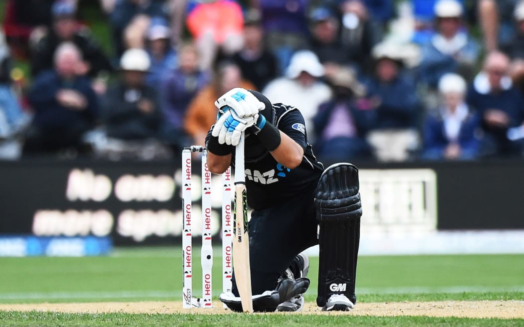 Black Cap Ross Taylor goes down hurt during his 181* in the fourth ODI against England.