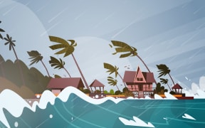 Tornado Incoming From Sea Hurricane In Ocean Huge Waves On Houses On Coast Tropical Natural Disaster Concept Flat Vector Illustration