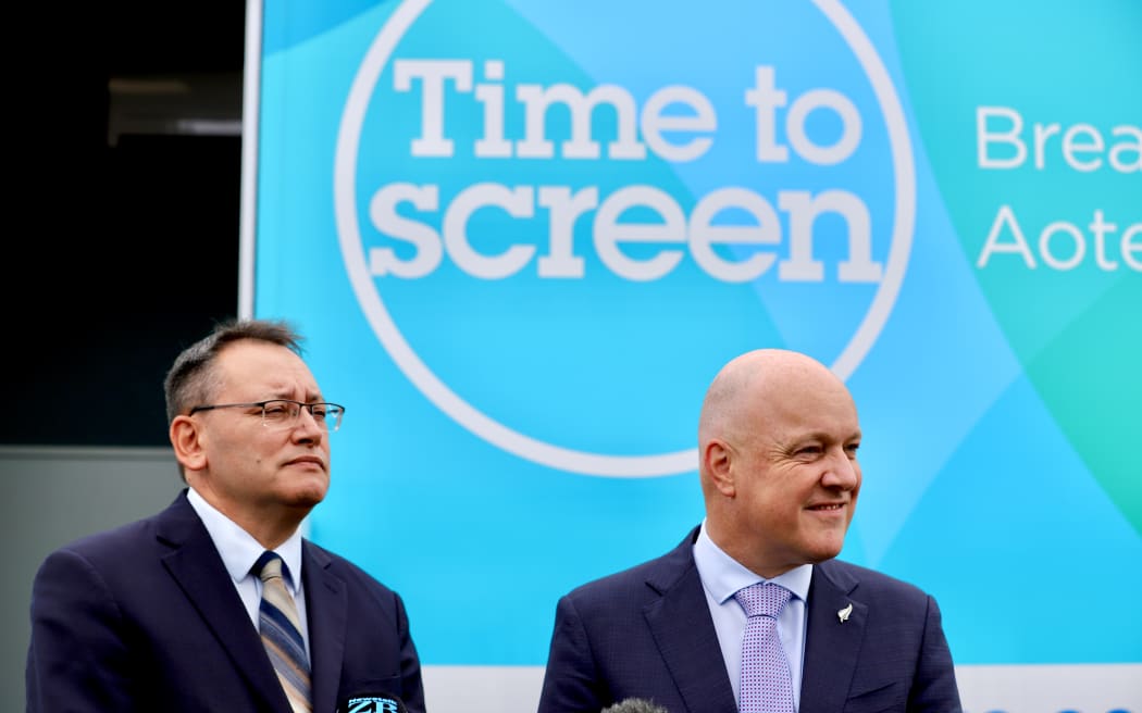 Prime Minister Christopher Luxon and Health Minister Shane Reti in Manukau at the launch of a mobile breast screening unit, 13 March 2024.