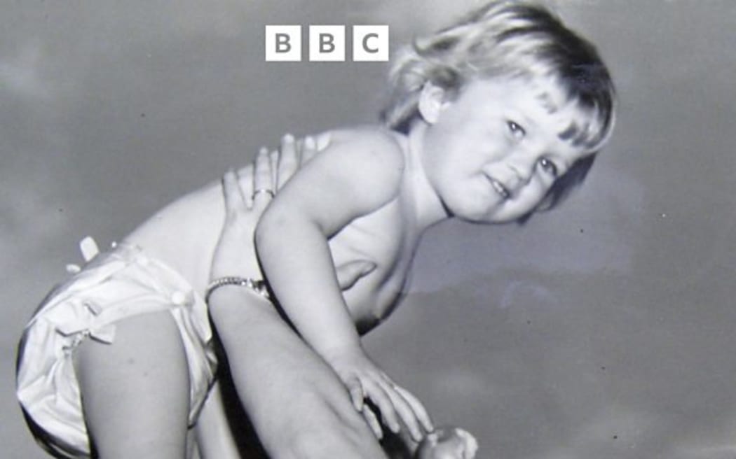 Frances Hunter Gordon wearing one of her mums nappies