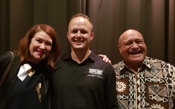 Hastings Mayor Sandra Hazlehurst, Taurus Taurima and Hastings District Councillor Henare O’Keefe celebrate at the ceremony last night.