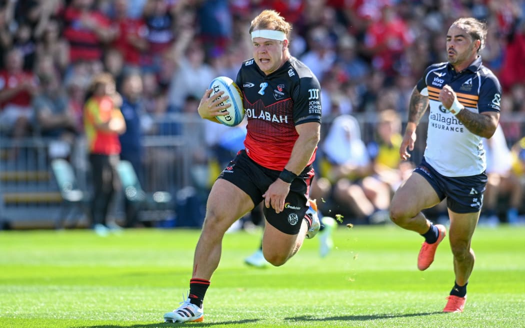 George Bell of the Crusaders  scores a try during the Super Rugby Pacific match - Crusaders Vs Brumbies at the Apollo Projects Stadium, New Zealand, 22nd February 2026. Copyright photo: John Davidson / www.photosport.nz
