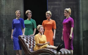 Isabel Leonard (seated) in the title role of Nico Muhly's "Marnie" with (l. to r.) Dísella Lárusdóttir, Peabody Southwell, Deanna Breiwick, and Rebecca Ringle Kamarei as the Shadow Marnies.