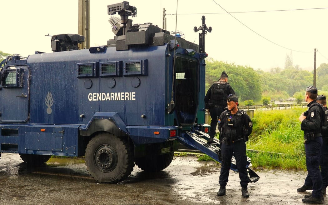 French gendarmerie checkpoints monitoring the reopening of the Route Provinciale 1 near the village of Saint Louis, near Nouméa on 3 February 2025