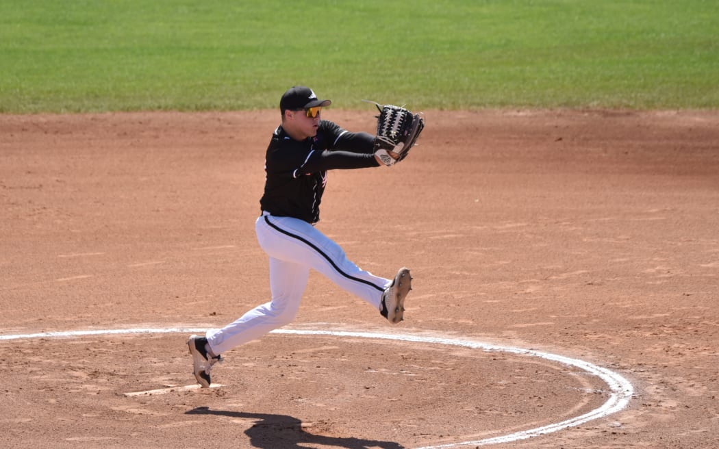 Liam Potts on the mound for the New Zealand Black Sox at the WBSC World Cup Qualifiers in July 2024.