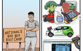 Comic by artist Daniel Vernon "Being Tough on Crime means being tough on poverty" and a young man next to a sign "National's Bad Boy Boot Camp"