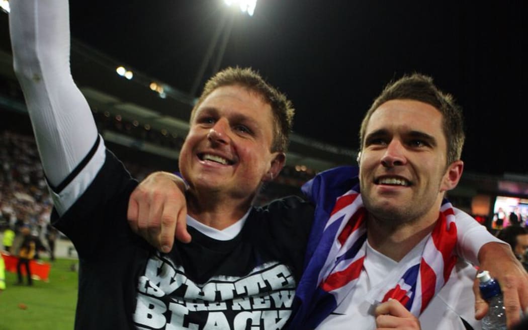 All Whites Ben Sigmund and Tim Brown after the 2009 win over Bahrain