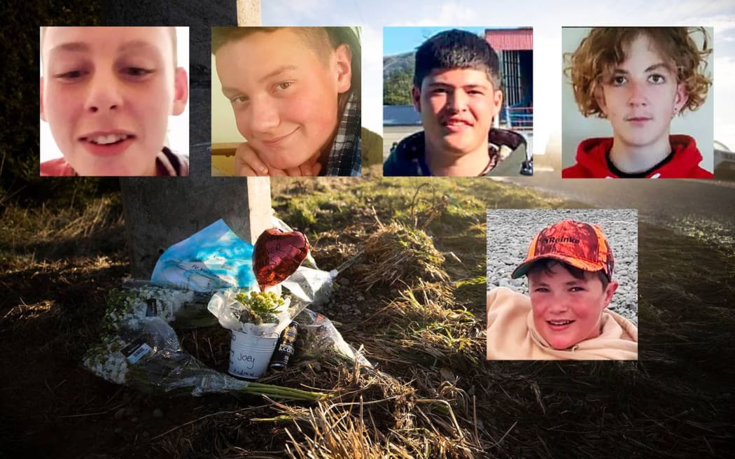 Joseff McCarthy, Jack Wallace, Niko Hill, Javarney Drummond, and Andrew Goodger were all killed in a crash outside Timaru. x