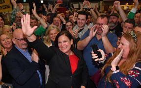 Irish republican Sinn Fein party leader Mary Lou McDonald  celebrates with her supporters after she takes the Dublin Central constituency on the first count.