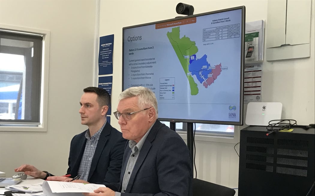 Eight councillors from three wards, with one small boundary adjustment - was among options put to councillors by Ben Roser electoral services administrator (left) and electoral officer Dale Ofsoske.