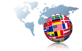 Globe made out of flags on a world map background. Vector.