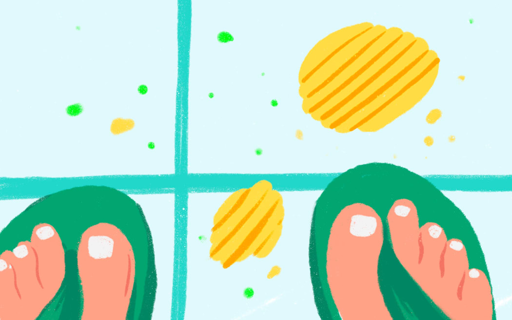 Stylised illustration of feet and dropped chips on floor