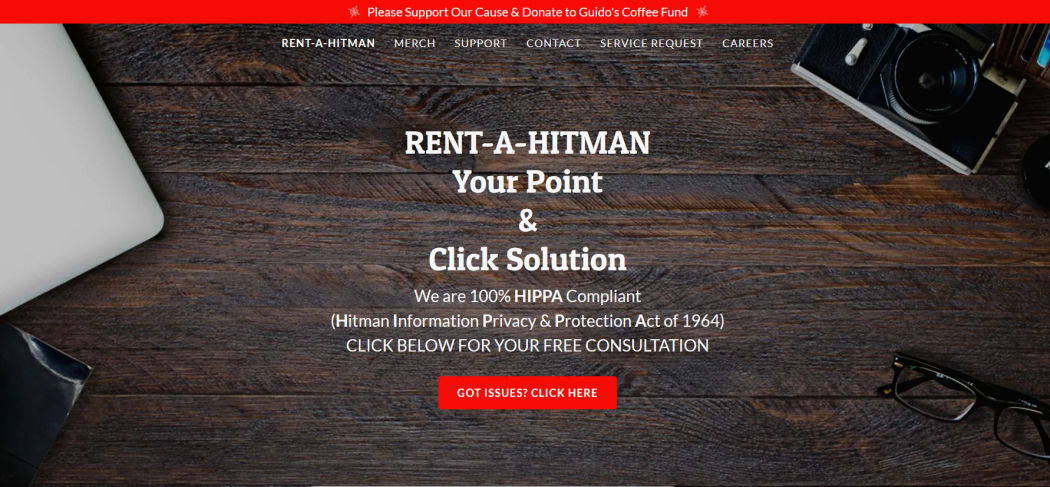 A screenshot of the website www.rentahitman.com