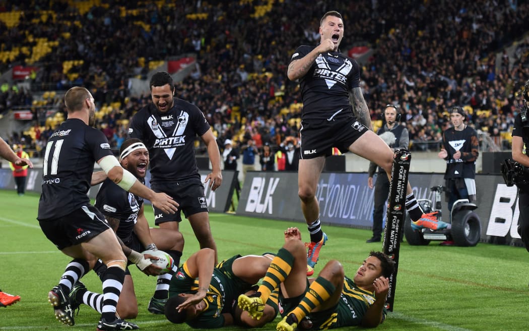 Shaun Kenny-Dowall celebrates Manu Vatuvei's try during the New Zealand Kiwis v Australia Kangaroos Four Nations Rugby League Final. Wellington, New Zealand. Saturday 15 November 2014.
