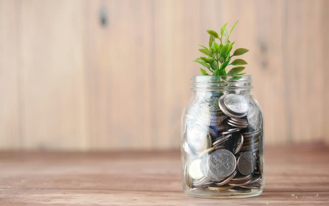 a jar of coins with a plant growing in it