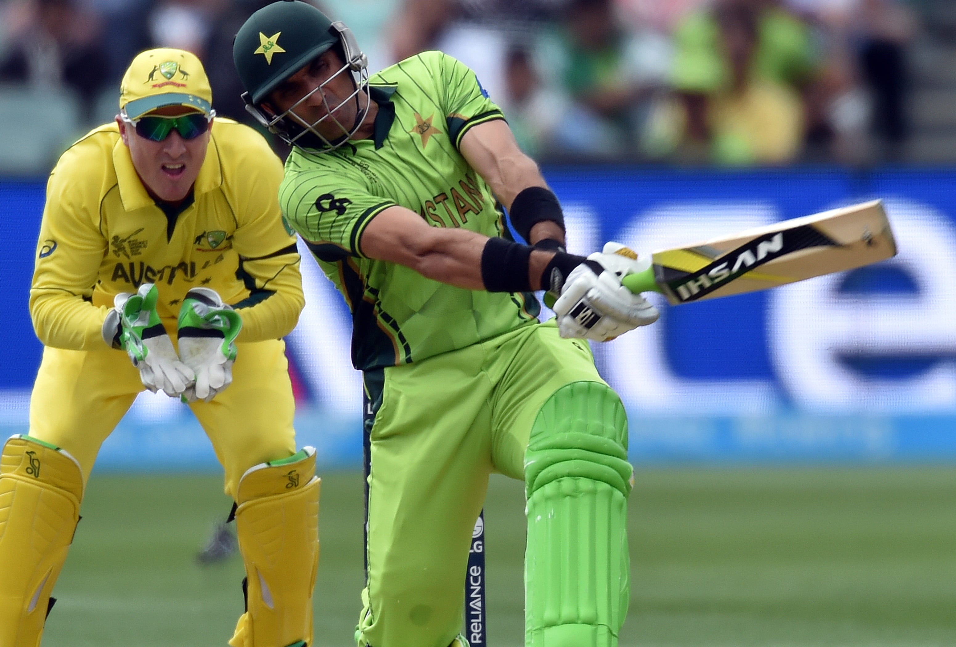 Pakistan's Misbah-ul-Haq plays a shot during the 2015 Cricket World Cup quarter-final match between Pakistan and Australia at the Adelaide Oval on 20 March.