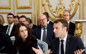 French President Emmanuel Macron and Prime Minister Jacinda Ardern attend a launching ceremony for the 'Christchurch Call' at the Elysee Palace in Paris, on May 15, 2019.