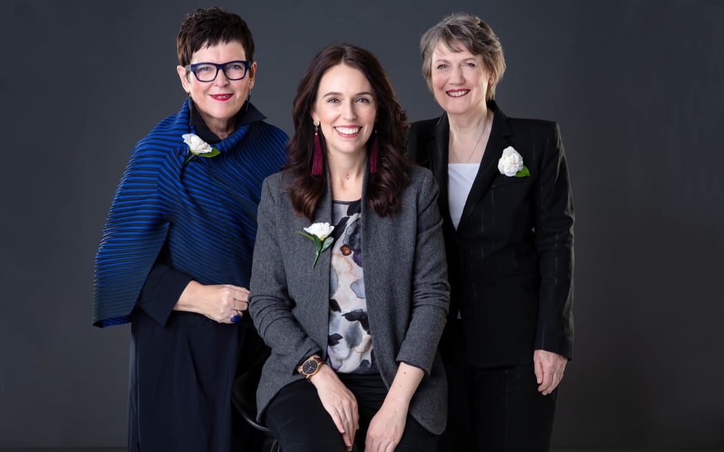 Former Prime Minister Jenny Shipley, left, current Prime Minister Jacinda Ardern, centre, and former Prime Minister Helen Clark, right.