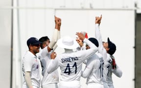 India celebrating the wicket of Will Young of New Zealand during day two of the 2nd test match between India and New Zealand held at the Wankhede Stadium in Mumbai on the 4th December 2021.