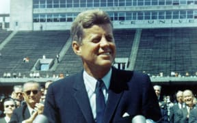 John F Kennedy, 35th President of the United States of America (1961-1963), speaking at Rice University Stadium on 12 September, 1962.