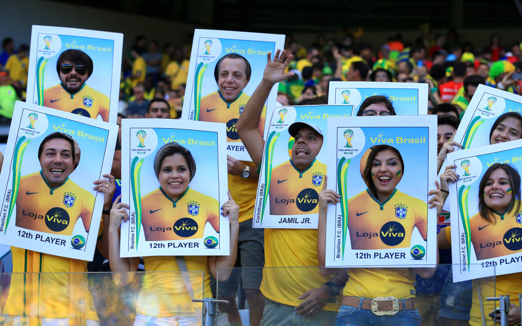 Brazil football fans dressed as Panini stickers.