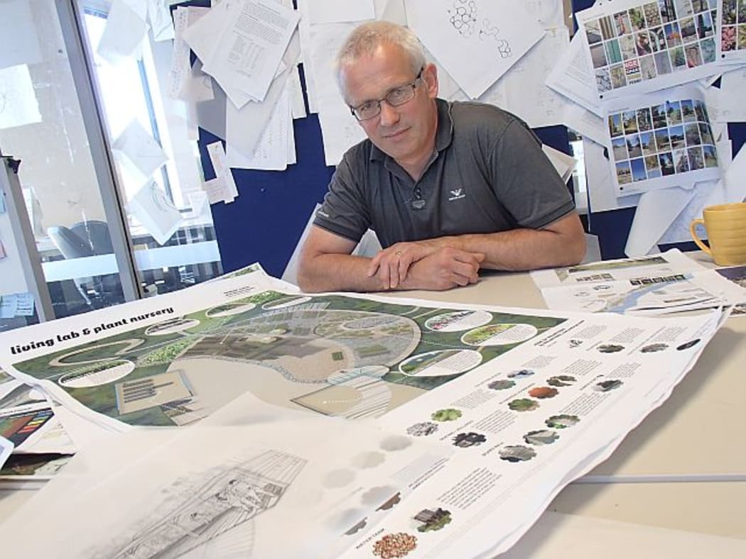 Mick Abbott in the Design Lab, with designs for the 'living lab' that is being proposed as part of the Punakaiki coastal restoration project.