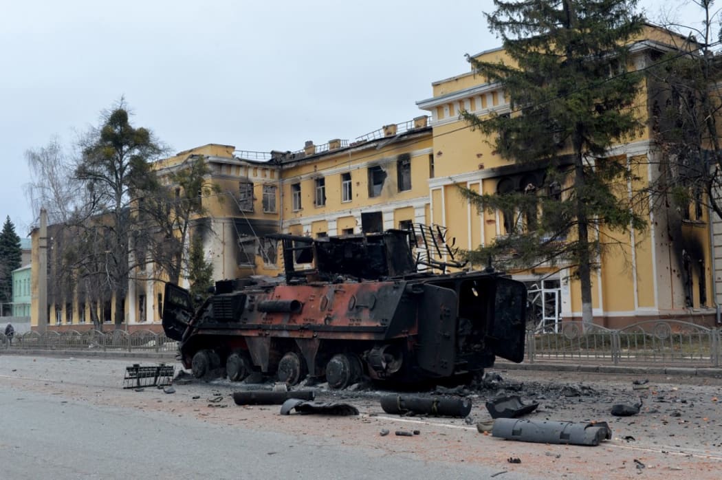 A Ukrainian armoured personnel carrier (APC) BTR-4 destroyed as a result of fighting not far from the centre of Ukrainian city of Kharkiv on 28 February, 2022.