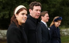 Princess Eugenie with husband Jack Brooksbank and with her partner Edoardo Mapelli Mozzi attend the royal family's Christmas Day church service on December 25, 2023.