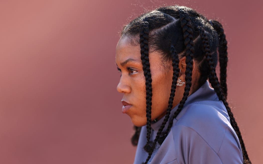 US high jump athlete Vashti Cunningham looks on while competing in the women's high jump final.