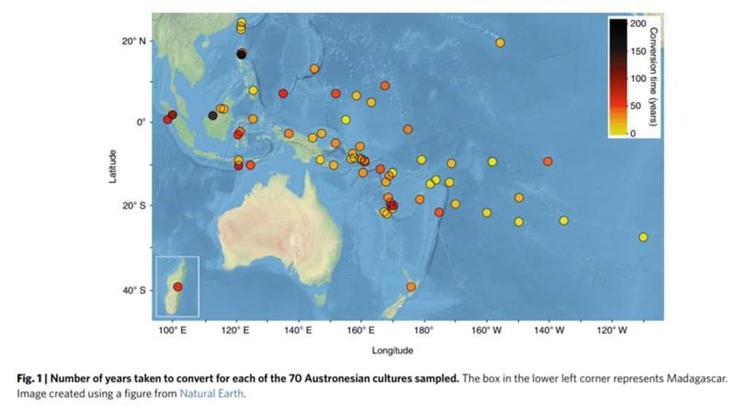Map showing where Professor Atkinson and his team studied conversion rates in 70 communities in Austronesia.