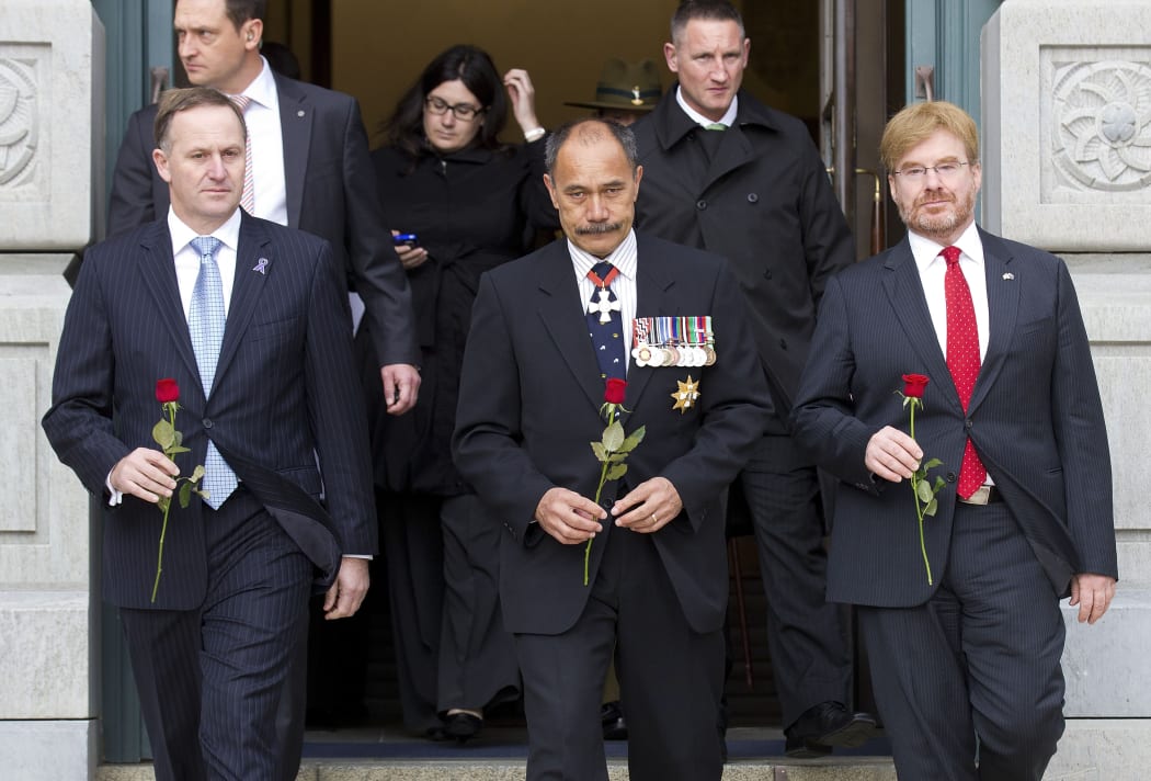 Former US ambassador David Huebner, far right, pictured with Prime Minister John Key, left, and Governor-General Sir Jerry Mateparae preparing to lay a rose on the Tomb of the Unknown Warrior in June 2012.