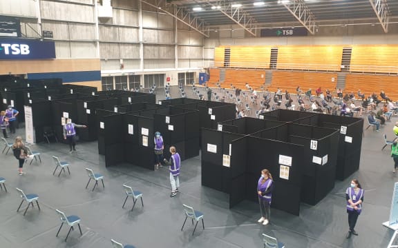 The TSB Stadium in New Plymouth set up for a mass vaccination event on 27/8/2021