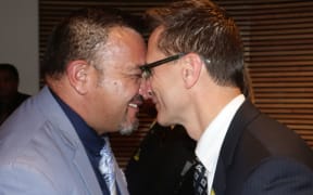 Tamati Olsen hongi with Peter Fraser from the Office of Treaty Settlements.