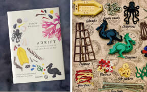 A composite image. On the left, a photo of a book cover. The book is entitled "ADRIFT". It has a white cover strewn with pictures of white plastic LEGO pieces along with kelp. On the right, a close up photo of some of the LEGO pieces, such as a liferaft, an octopus, and dragons.
