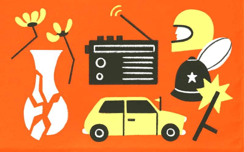 Stylised illustrations of broken vase, radio, mini cooper, helmet, rugby ball, police helmet and baton.