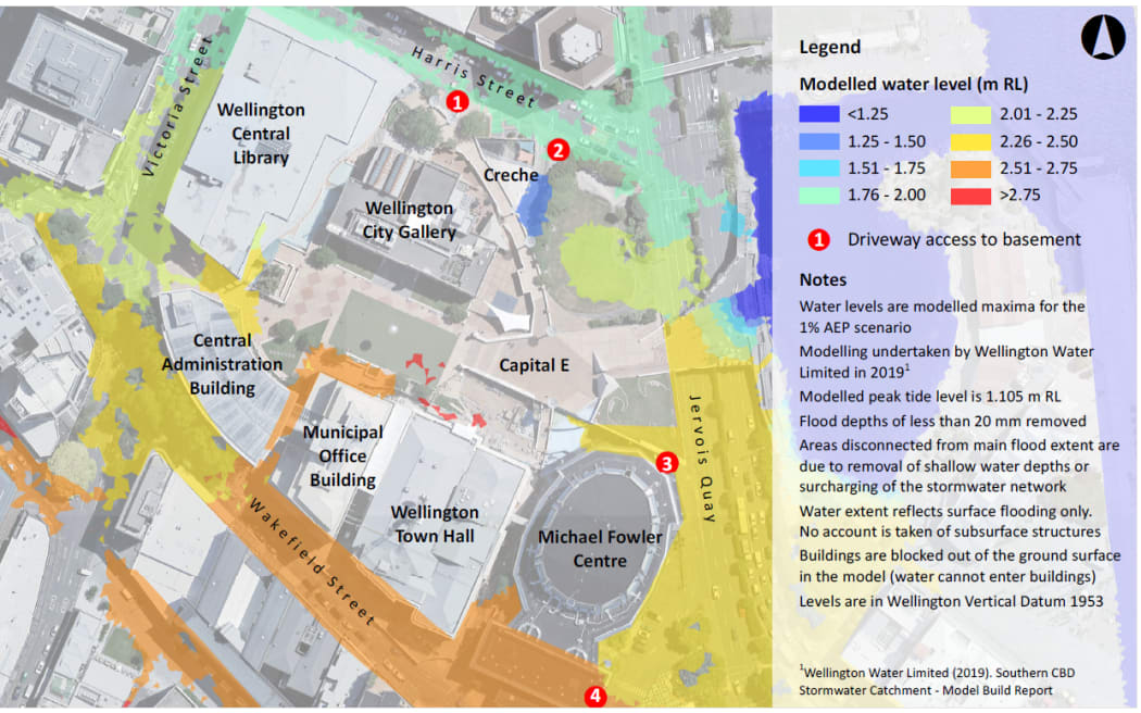 Modelling showing Te Ngākau Civic Square flood water levels without climate change factored in.