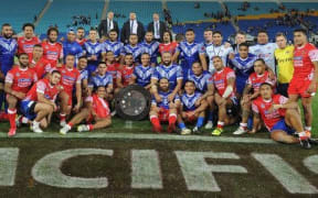 Samoa and Tonga rugby league teams after their Pacific Test.