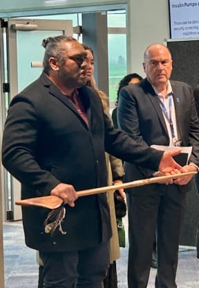 (Left to right) Joshua Wikiriwhi-Heta from Ngaati Hauaa and Hamilton Airport chief executive Mark Morgan at the blessing on 3 June.