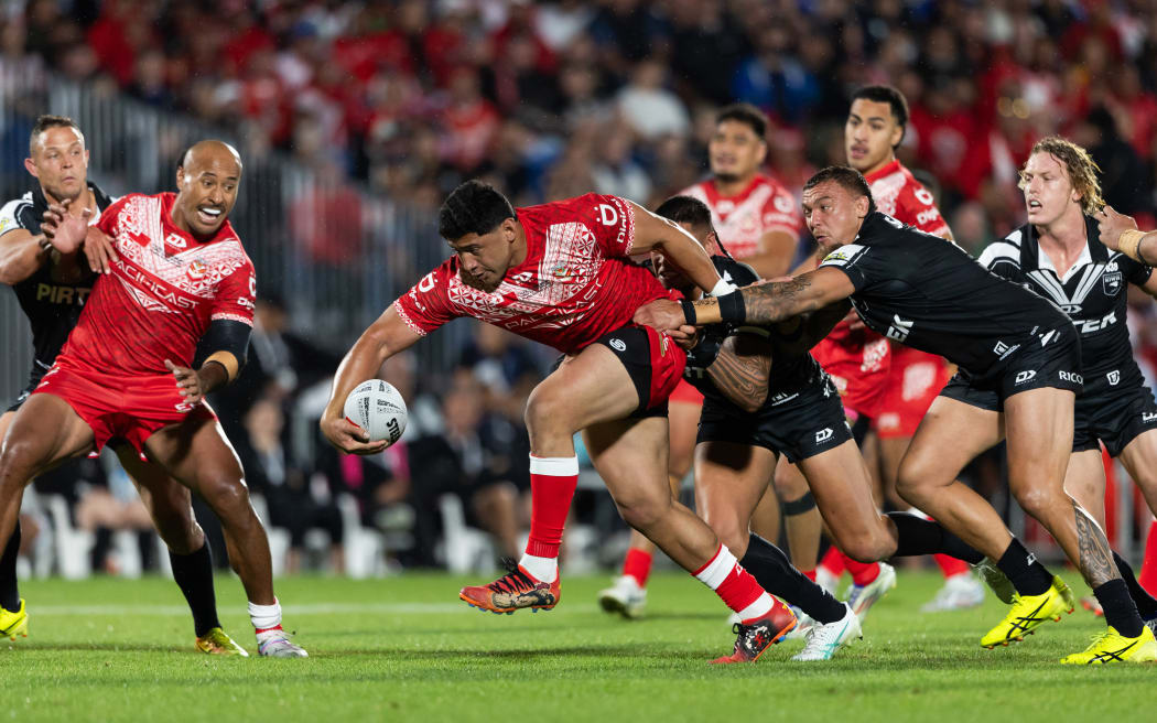 Tonga captain Jason Taumalolo charges ahead during the Paciﬁc Championship match against the Kiwis at Mount Smart Stadium in Auckland.