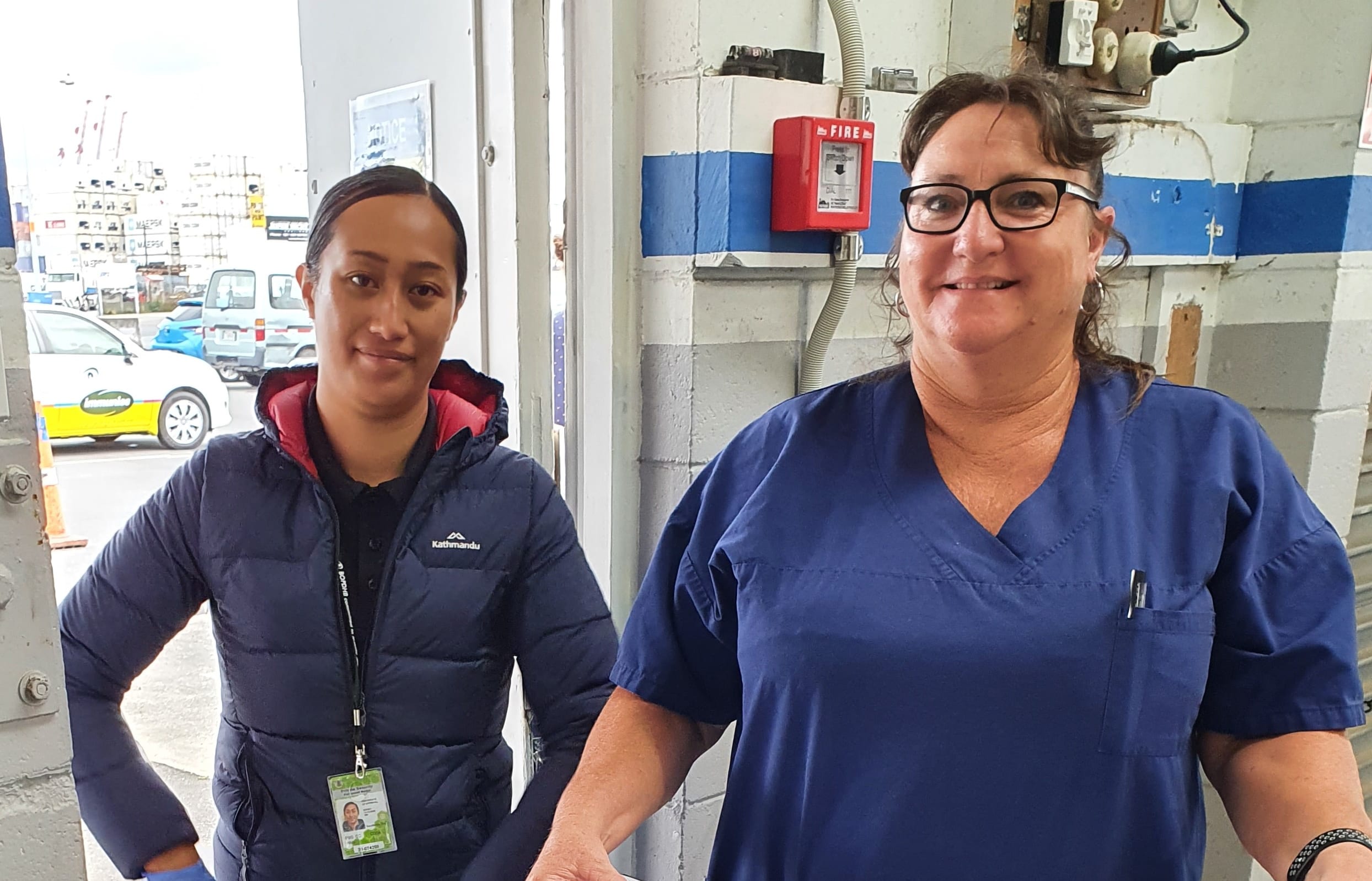 Hospital Security person Irene and registered nurse Wendy Thompson deliver the first of the COVID-19 vaccines to the Sulphur Point.