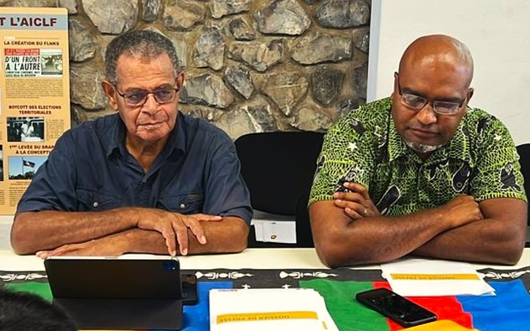 Union Calédonienne President Daniel Goa and spokesman Dominique Fochi speaking at a press conference on Monday 29 April 2024 – Photo NC la Première