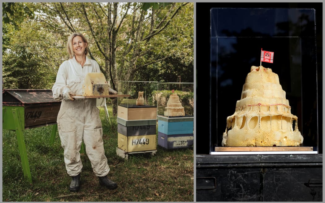 An image of Kim Kobialko with her hives and her honeycomb Beehive.