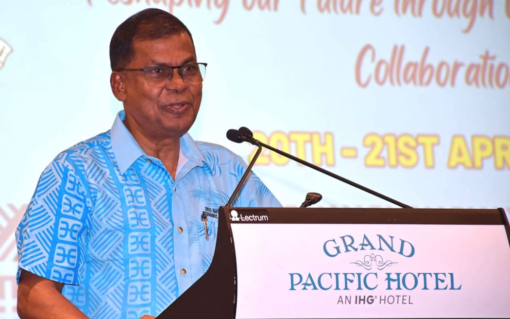 Fiji Finance Minister Biman Prasad addresses the National Economic Summit in Suva. April 2023.